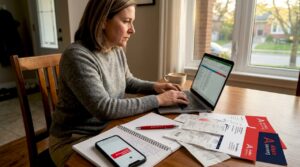 Person budgeting moving expenses at home