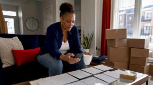 Woman planning move-in logistics at kitchen table