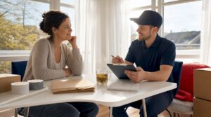 Mover consulting homeowner about moving plans