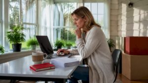 Person planning move using laptop and printed quotes