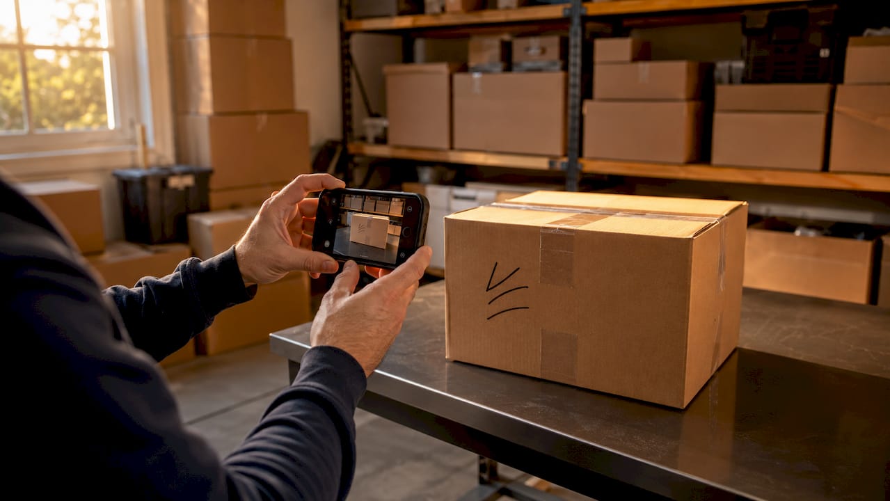 Taking photo of labeled moving box