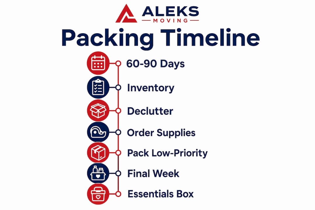 Vertical flow infographic of packing timeline steps