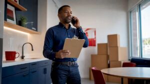 Moving coordinator managing office relocation call