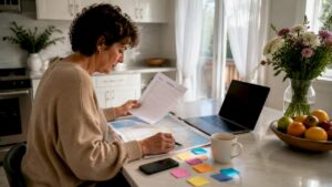 Person organizing moving checklist at home table