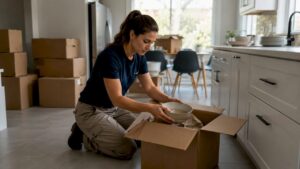 Mover unpacking box in sunlit living room
