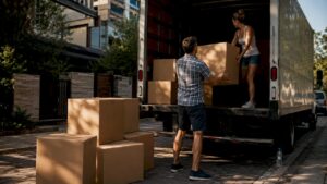 Couple loading boxes into moving truck