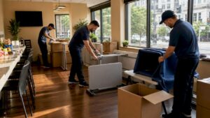 Movers packing office equipment carefully