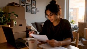 Tenant reading lease agreement for moving