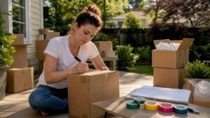 Woman labeling moving boxes during packing
