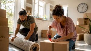 Couple packing boxes urgently for emergency move