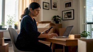 Woman planning flexible move at home table