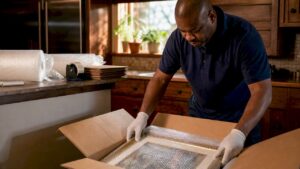 Mover packing fragile valuables in home
