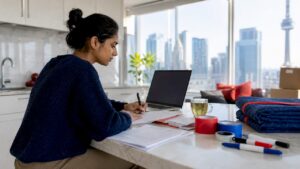 Woman planning condo move at home table
