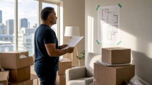 Person planning relocation at home table