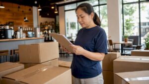 Woman reviewing office packing checklist