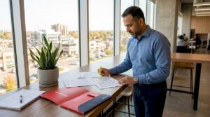 Man reviewing office relocation documents