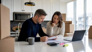 Couple reviewing moving valuation documents