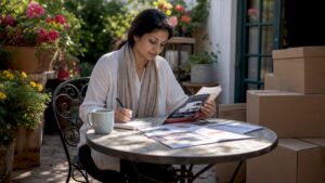 Woman reviewing moving company brochures at home