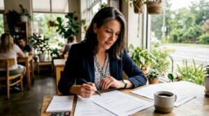 Woman reviewing moving contract at kitchen table
