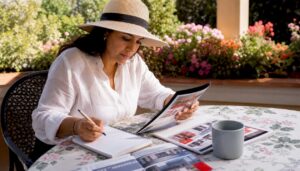 Woman comparing moving service brochures at kitchen table