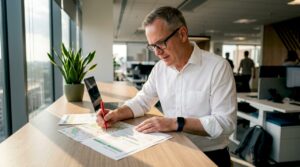 Business leader reviewing office relocation plans