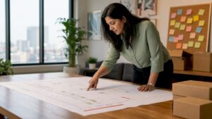 Woman presenting office move timeline