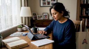 Woman reviewing moving company alternatives at home