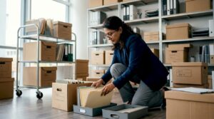 Woman sorting office documents for move