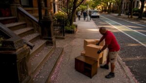 Man placing boxes for curbside moving pickup