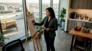 Manager reviewing office move checklist in conference room