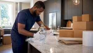 Mover carefully wrapping fragile vase in luxury home