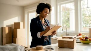 Landlord reviewing tenant move-out checklist in rental unit