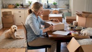Woman reusing packing boxes in living room