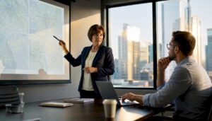 Logistics manager planning moving routes using AI