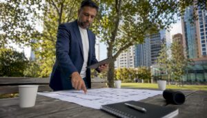 Businessman reviewing office relocation plan in conference room