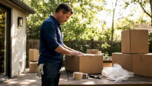 Man inspecting cardboard packing box in garage