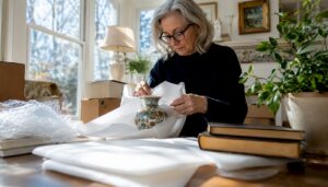 Woman wrapping antique vase carefully