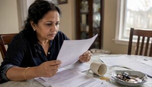 Woman reviewing moving contract at home