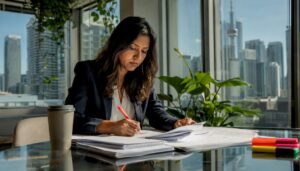 Businesswoman reviewing office move planning documents