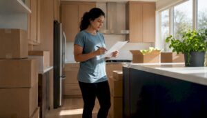 Woman checking condo moving checklist near packed boxes