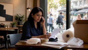 Woman making urgent mover phone call at home
