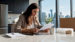 Woman reviewing digital moving quote at home table