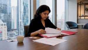 Woman organizing office move documents binder