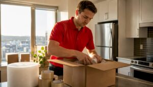 Mover packing household items carefully