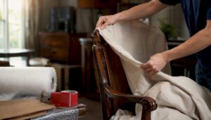Hands wrapping antique chair in cotton sheet