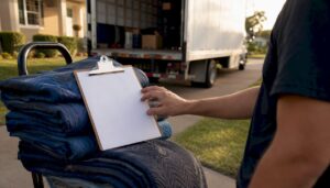 Moving truck and paperwork at home