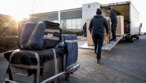 Movers loading office equipment into truck