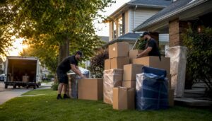 Packed moving boxes on Kitchener home porch