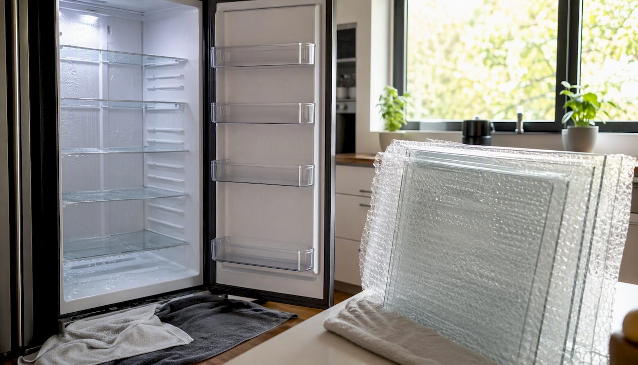 Empty fridge defrosting with shelves wrapped nearby