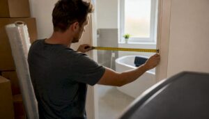 Homeowner measuring doorway width for appliance move